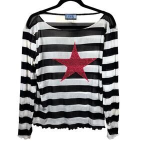 Vintage Y2K Black & White Striped Mesh Top Size L Star Sequins 90s Lettuce Hem